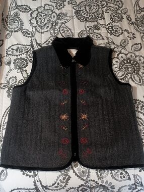 Christopher & Banks Dark Gray Embroidered Vest with Velvet Collar